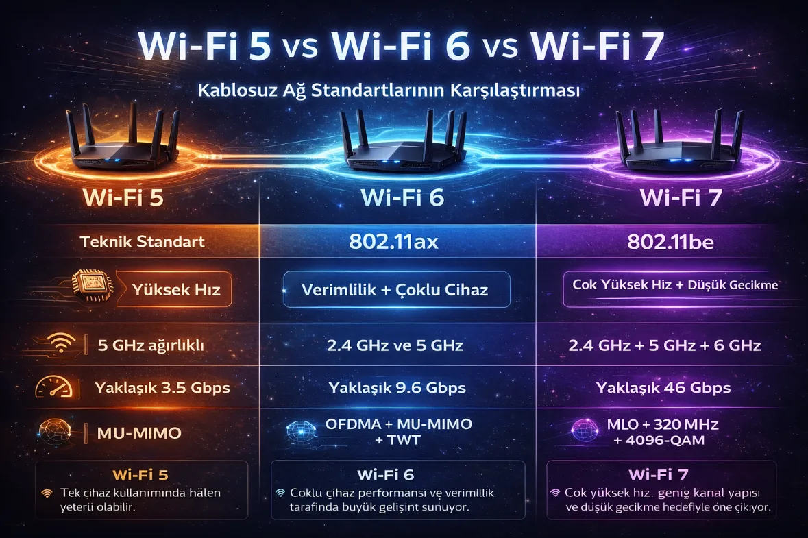 Wi-Fi 5, Wi-Fi 6 ve Wi-Fi 7 arasındaki farkları